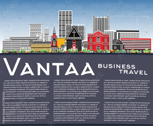 Vantaa Finland city skyline with color buildings, blue sky and copy space. Vantaa cityscape with landmarks. Travel and tourism concept with modern and historic architecture.