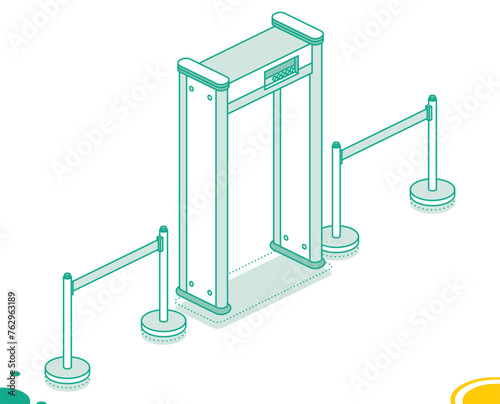 Isometric airport security metal detector gate with portable ribbon barriers. Objects isolated on white background. Airport security. Full body scanner. Fencing tape.