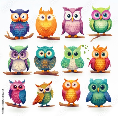 collection of cartoon owls and birds in various poses