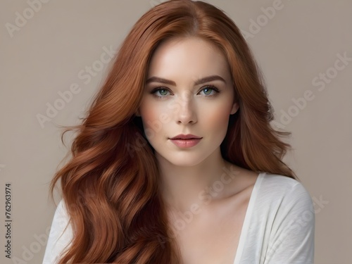 Portrait of beautiful woman with long red hair isolated on beige background 