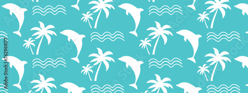 Beach seamless pattern. Marine pattern with dolphin, palm trees and waves. Summer pattern for fabric, packaging, cover. photo