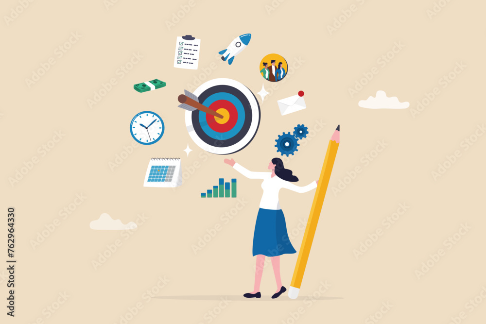 Project management or development plan, strategy or process to develop product, schedule or manage resource to achieve goal concept, businesswoman holding pencil with project management elements. - obrazy, fototapety, plakaty 