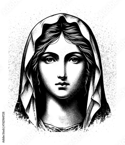holy virgin mary - grunge vintage illustration, black on white background photo