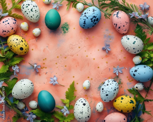 Easter  eggs bunny Top view of background colorfull, Generative AI photo