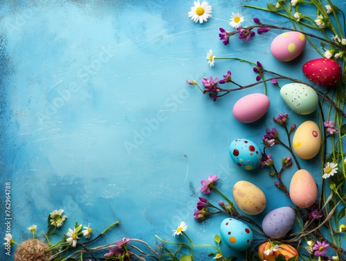 Easter  eggs bunny Top view of background colorfull, Generative AI photo