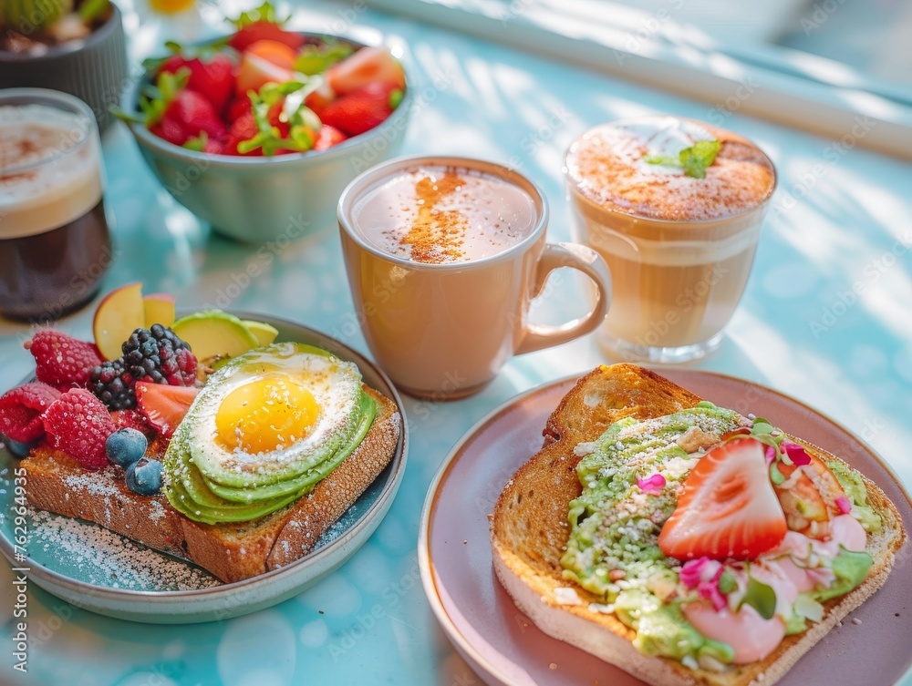 Artistic brunch selection featuring toast with egg and avocado, a fruit bowl, and lattes on a sunny table with shadows. Artistic brunch selection featuring toast with egg and avocado, a fruit bowl, and lattes on a sunny table with shadows.