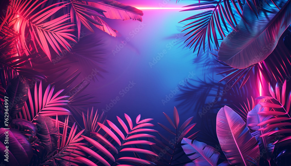 Neon fluorescent layout with tropical leaves