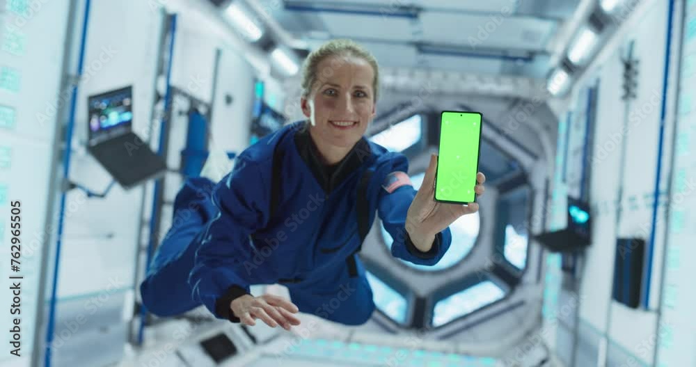 Female Astronaut Floating Inside a Space Station in Zero Gravity ...
