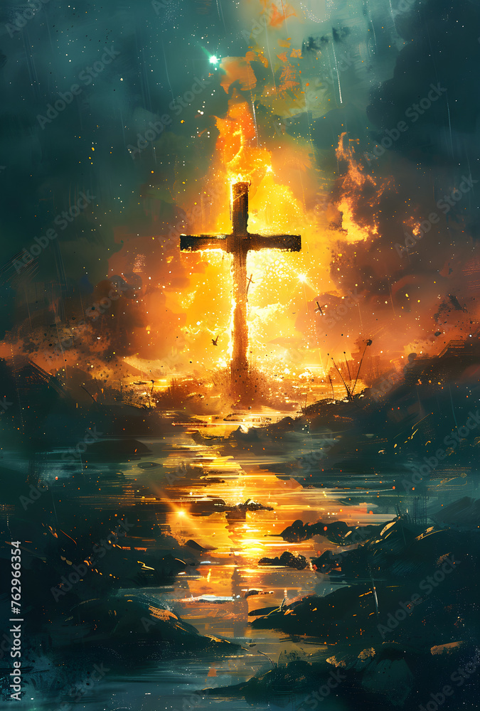 A spiritual illustration of Jesus on the cross with a biblical landscape in the background, symbolizing faith and the holy bible. Suitable for religious events and art. - obrazy, fototapety, plakaty 