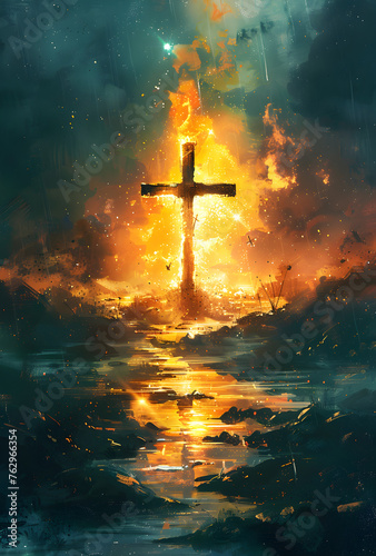 A spiritual illustration of Jesus on the cross with a biblical landscape in the background, symbolizing faith and the holy bible. Suitable for religious events and art. photo