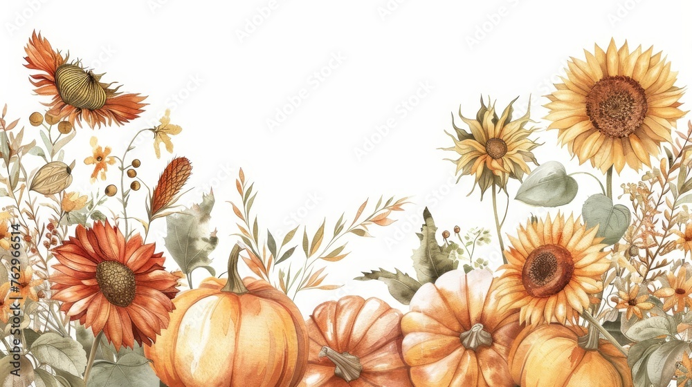 Bountiful autumn harvest composition with pumpkins and sunflowers, vintage watercolor Bountiful autumn harvest composition with pumpkins and sunflowers, vintage watercolor