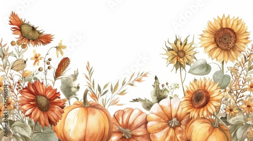 Bountiful autumn harvest composition with pumpkins and sunflowers, vintage watercolor photo