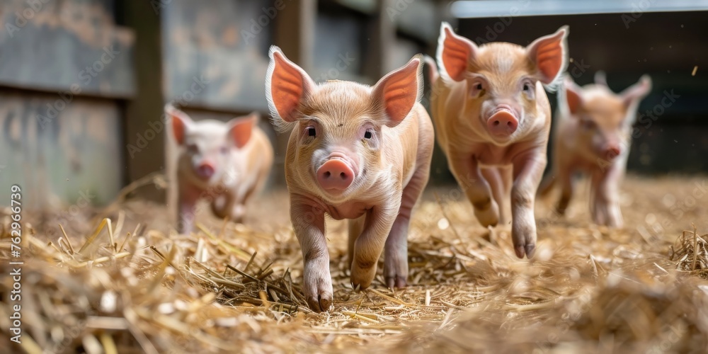 A group of piglets running through a field of hay A group of piglets running through a field of hay