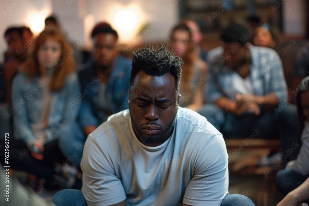 A man appears troubled or thoughtful among a blurry group of people in the background. A man appears troubled or thoughtful among a blurry group of people in the background.