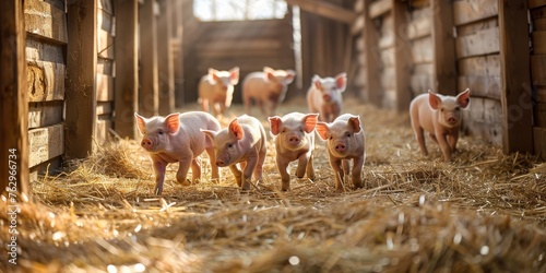 A group of piglets running through a field of hay
