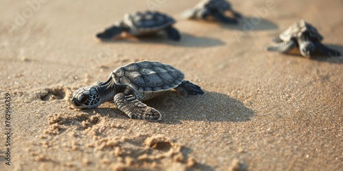 A baby turtle is laying on the sand
