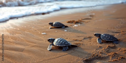 Three baby turtles are walking on the beach © xartproduction