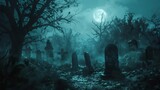 Eerie graveyard in misty forest, Halloween night with full moon, spooky dead trees and tombstones, digital art