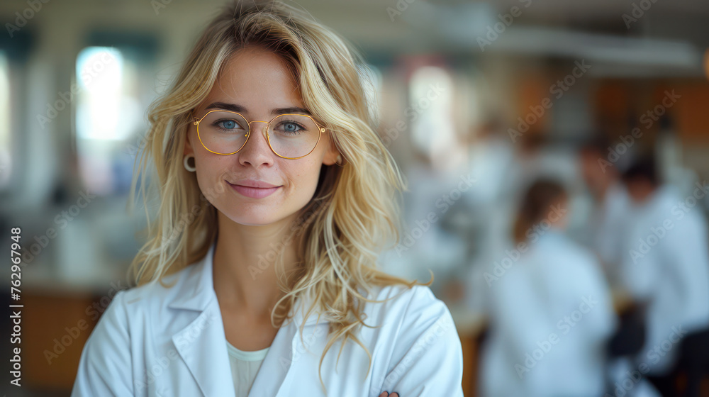 A woman wearing a white lab coat and glasses is smiling for the camera