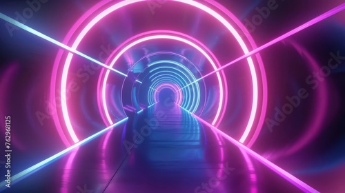 Futuristic Neon Speed Tunnel with Glowing Lights, Abstract Motion Background Illustration