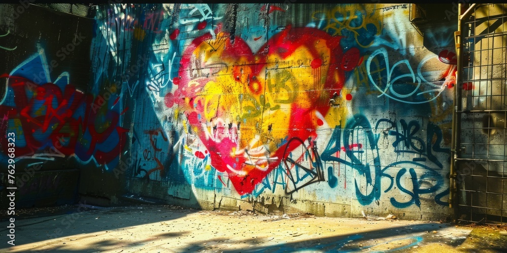 Obraz premium A heart painted on a wall with graffiti around it