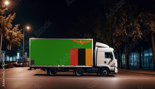 Zambia  flag on the back of white truck against the backdrop of the city. Truck  transport  freight transport. Freight and Logistics Concept