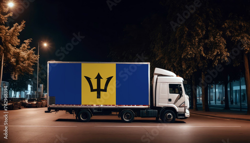 Barbados  flag on the back of white truck against the backdrop of the city. Truck  transport  freight transport. Freight and Logistics Concept