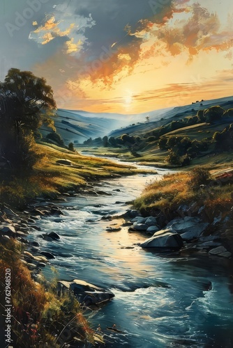 green field with flowers and a river and sunset