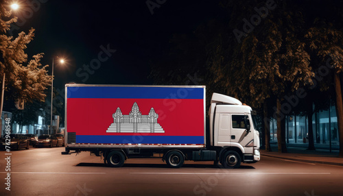 Cambodia  flag on the back of white truck against the backdrop of the city. Truck  transport  freight transport. Freight and Logistics Concept