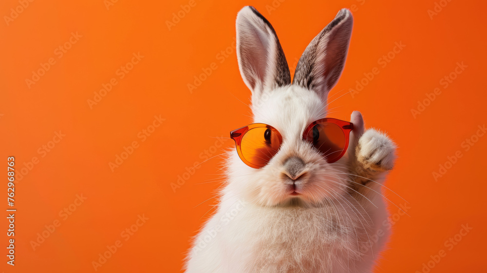 Cute easter rabbit with sunglasses, giving thumb up, isolated on orange background with copy space, greetings card design