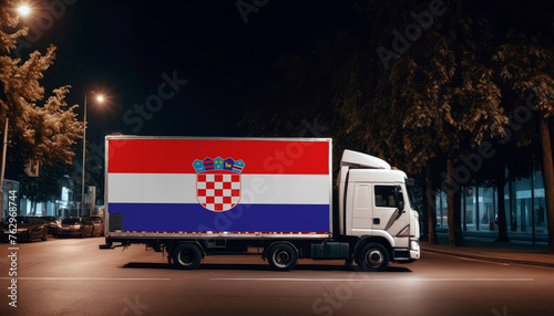 Croatia  flag on the back of white truck against the backdrop of the city. Truck  transport  freight transport. Freight and Logistics Concept