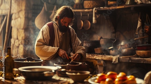 Jesus in a rustic kitchen preparing a meal with love