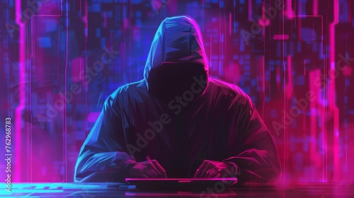 Hooded hacker at computer screen, cybercrime in neon digital art style photo