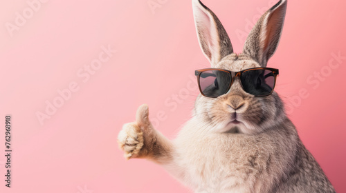 Cute easter rabbit with sunglasses, giving thumb up, isolated on pink background with copy space, greetings card design