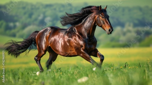 Brown Horse Running Through Lush Green Field © Yana