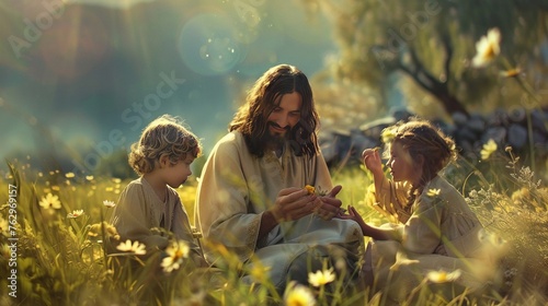 Jesus playing with children in a sunny meadow