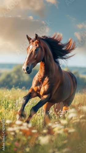 Graceful Horse Running Through Grass Field