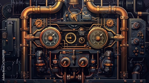 Intricate steampunk machinery with gears, pipes and vintage gauges, detailed vector illustration © Jelena