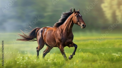 Brown Horse Running Through Lush Green Field © Yana