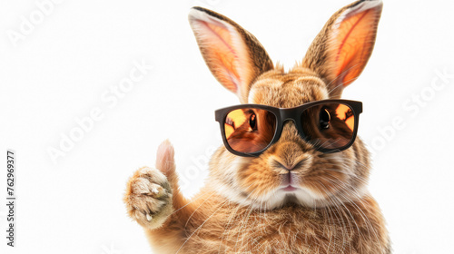 Cute easter rabbit with sunglasses, giving thumb up, isolated on white background with copy space, greetings card design