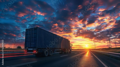 Logistics and cargo transportation concept with container truck on highway at sunset