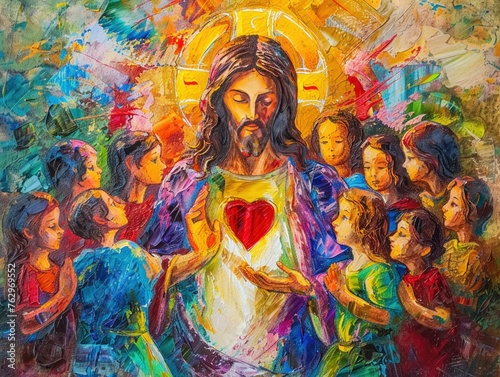 Vibrant painting of Jesus with heart-shaped halo surrounded by children