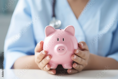 Close view of doctor holding piggy bank photo