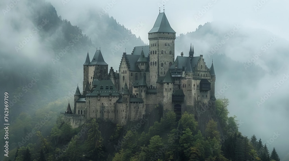 Majestic Medieval Castle on a Hilltop Surrounded by Misty Mountains