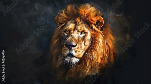 Majestic Lion Portrait with Golden Mane on Black Background, Digital Oil Painting