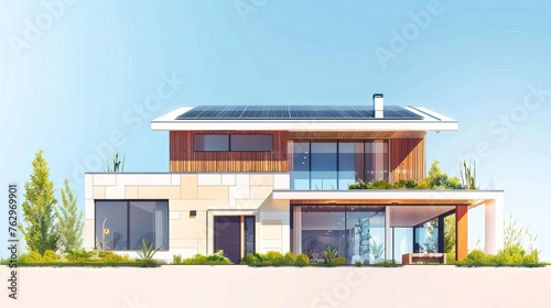 Modern house with solar panels on roof under blue sky, sustainable architecture illustration