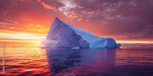 A large ice block is floating in the ocean with a beautiful sunset in the background. photo