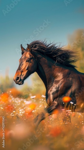 Majestic Horse Running Through Field of Flowers