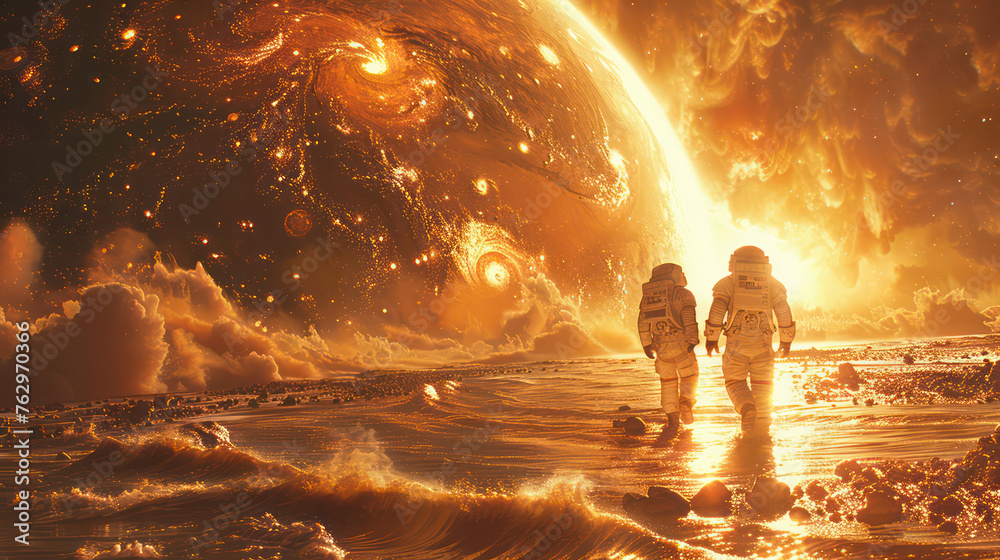 Fototapeta premium Two astronauts are walking on a beach on a planet