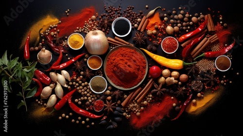 Spice Spectrum Symphony - An array of exotic spices artistically displayed